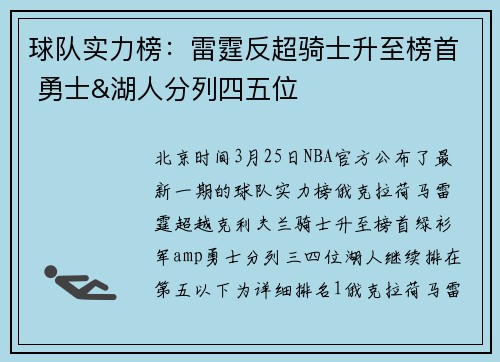 球队实力榜：雷霆反超骑士升至榜首 勇士&湖人分列四五位