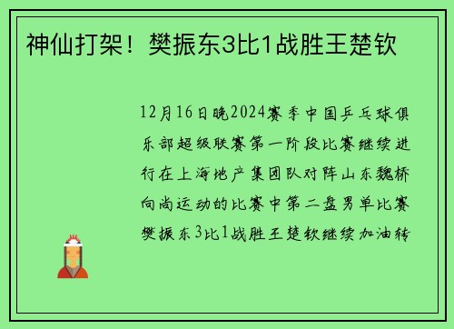 神仙打架！樊振东3比1战胜王楚钦