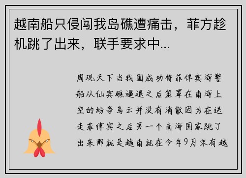 越南船只侵闯我岛礁遭痛击，菲方趁机跳了出来，联手要求中...