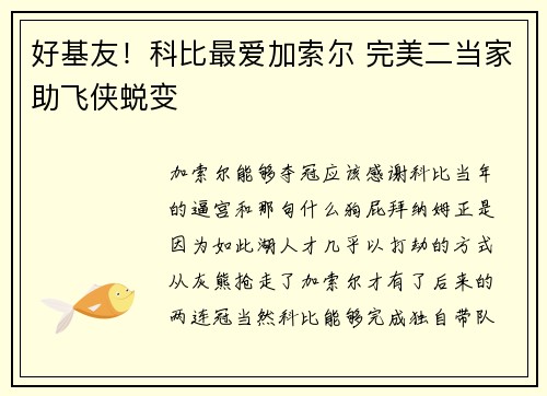 好基友！科比最爱加索尔 完美二当家助飞侠蜕变