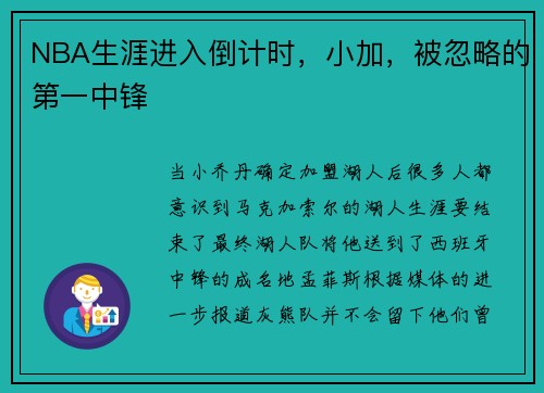 NBA生涯进入倒计时，小加，被忽略的第一中锋